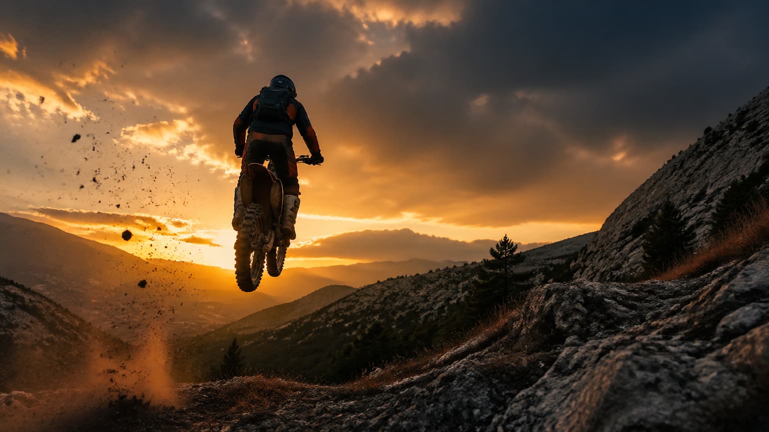 Enduro motorcycle on the Suva Gora ridge, North Macedonia, dust trail at sunrise